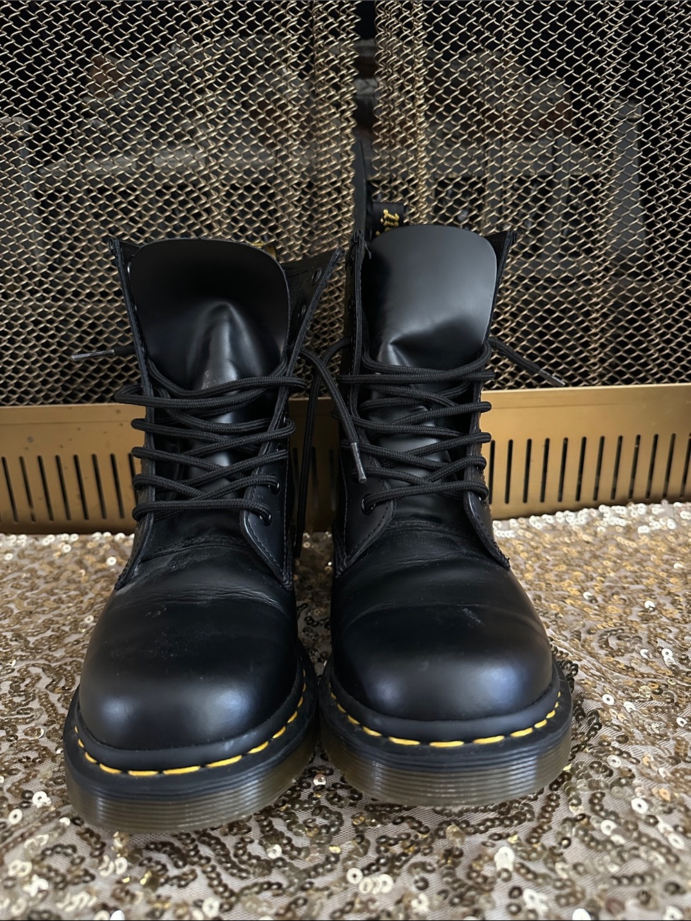 Dr. Martens Black Leather Lace-Up Boots with Yellow Stitching Accents